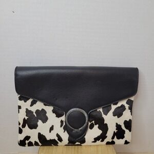 Seven Days Cow Print Calf Hair Black Pebbled Envelope Clutch Crossbody Strap